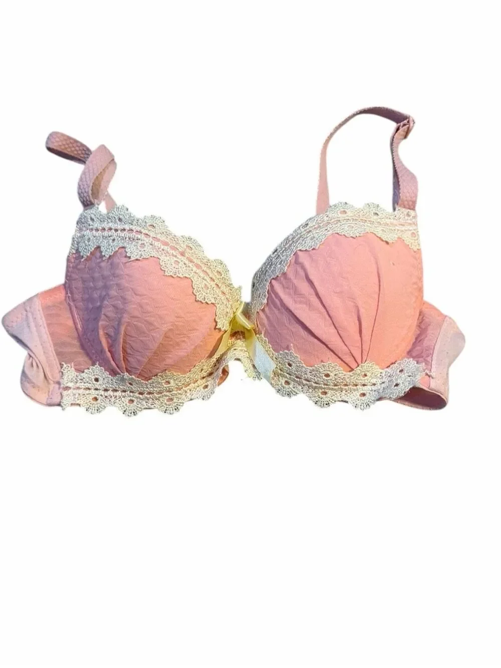 VICTORIA’S SECRET Tease Push-Up Bra Pink White Lace Trim Textured 32